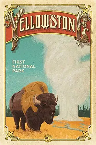 

Yellowston First National Park Bison Metal Wall Poster Tin Sign Vintage BBQ Restaurant Dinner Room Cafe Shop Decor