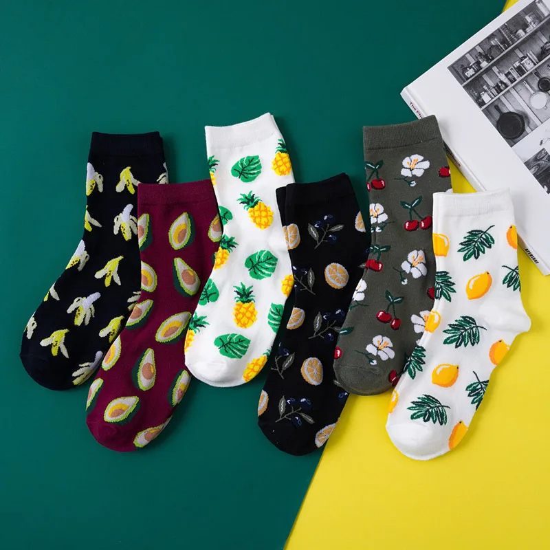 Korean Fresh Fruits Socks Lemon Avocado Pineapple Cherry Blueberry Orange Gardenias Banana Flamingos Plumerias
