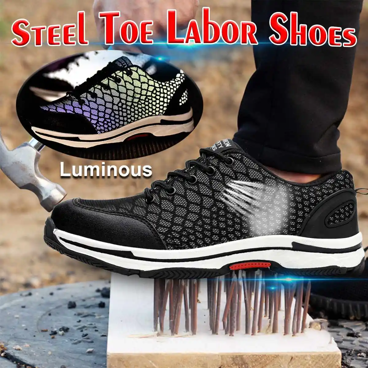 

Luminous Indestructible Work Shoes Steel Toe Cap Work Safety Shoes Puncture-Proof Boots Lightweight Breathable Sneakers