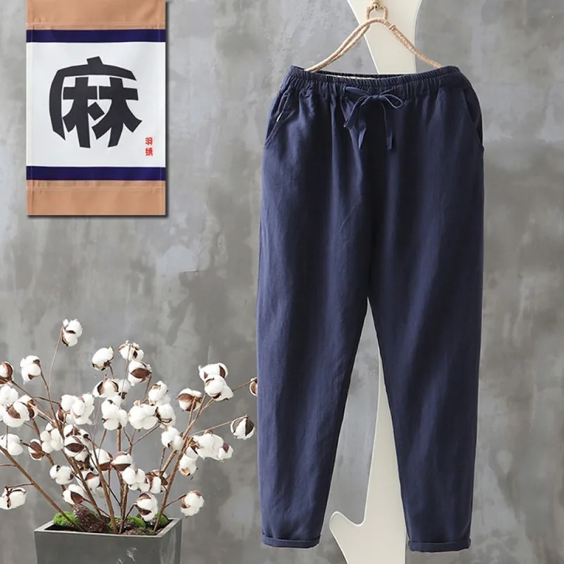 navy blue Neploe осенние женские брюки Pantalon Femme хлопковые льняные шаровары, брюки больших размеров на шнурке, женские свободные повседневные штаны 54594 - Цвет: navy blue