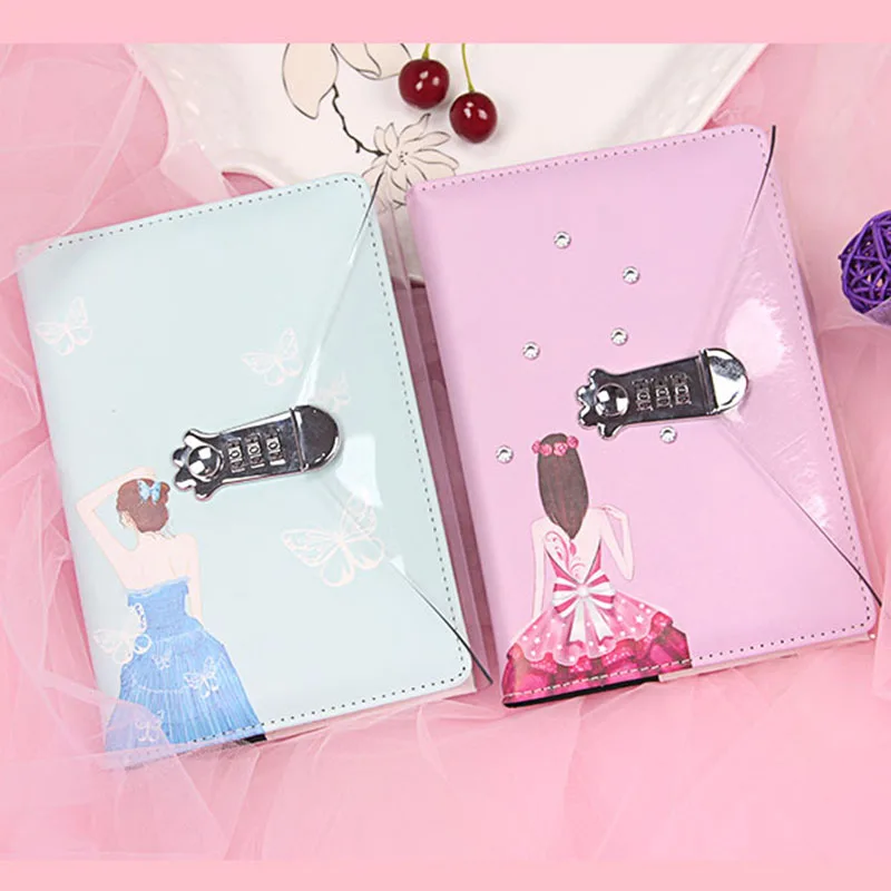 

Girls Back Password A5 Notebook with lock Writing Pads Lockable Notepad PU Schedule Planner diary School Supplies Student Gift