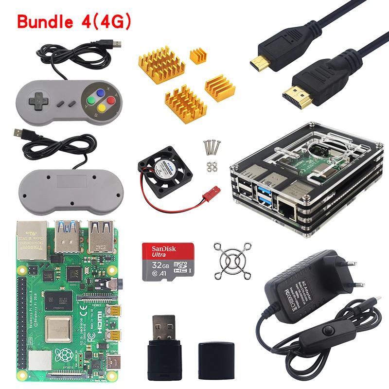 Комплект 4 Raspberry Pi 4 Модель B игровой комплект 2 ГБ/4 ГБ ОЗУ доска+ акриловый чехол+ игровой контроллер+ адаптер питания+ кабель Micro HDMI+ sd-карта - Комплект: Комплект 4