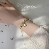 korea sweet double layer pearl chain bracelet for women girl gold color link bangles bracelet charm fashion party jewelry gift