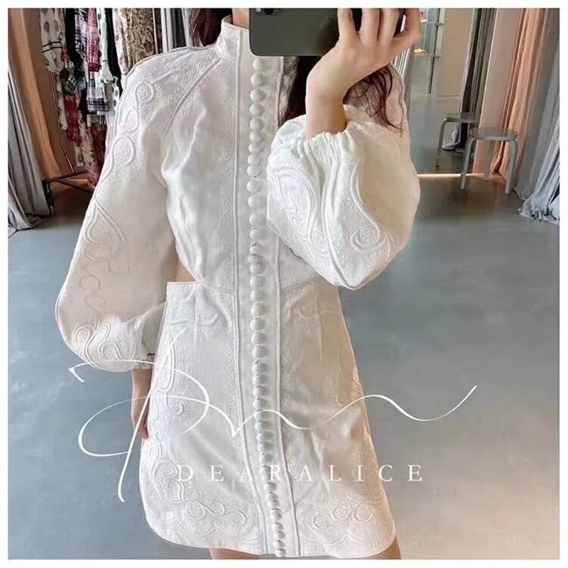 2020 SS Новое поступление белое платье с рукавами фонариками и вышивкой женское