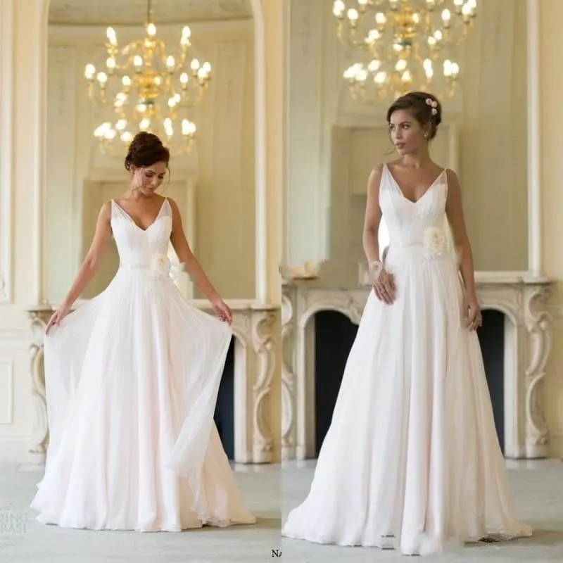 

2019 Greek Style Wedding Dress V Neck Chiffon Summer Beach Wedding Gowns with Flower Grecian Bridal Dress Vestido De Noiva