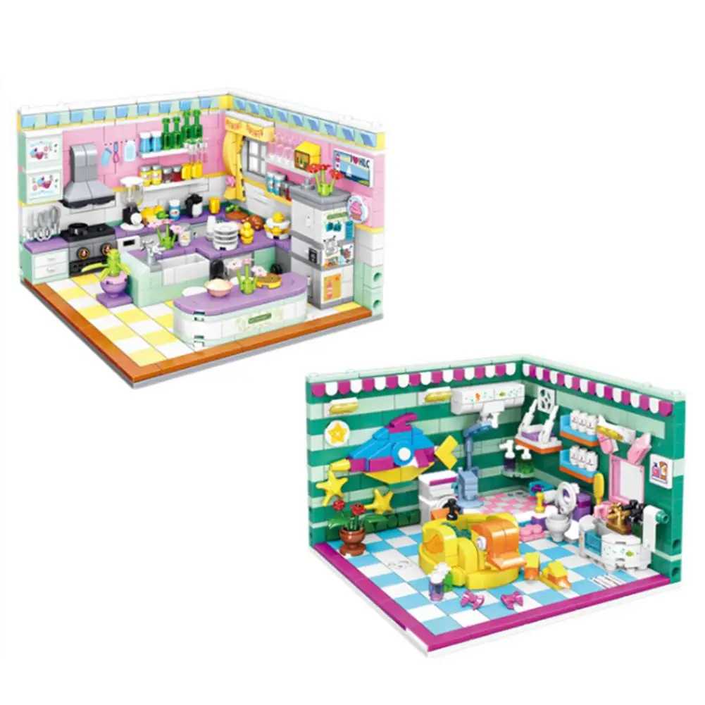 

Puzzle Building Blocks Mini DIY Doll House Kitchen Bathroom Doll Houses Dollhouse Furniture Kit Toys For Kids DIY Assembly Toy