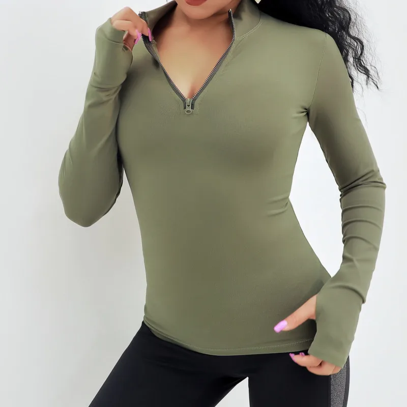 

SALSPOR Sexy Women Solid Color Yoga Shirts Zipper Long Sleeve Sport Shirt Gym Women Quick Dry Tight Fitness Clothes Workout Tops
