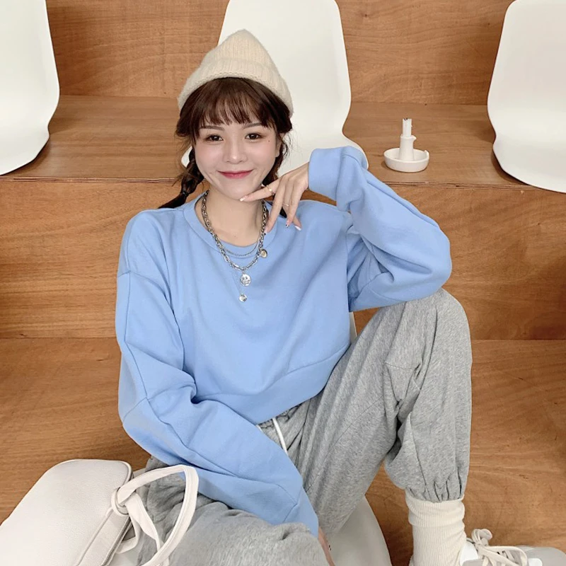

Korean Clothes Loose Crop Top Solid Spring Autumn Pullovers Hipster Women's Clothing Ins Long Sleeve Causal Style Fashion New