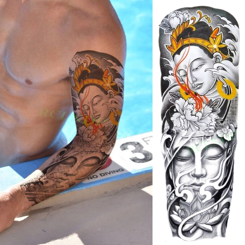 

Водостойкая Временная тату-наклейка Будда в китайском стиле Лотос на всю руку искусственное тату большой флэш-тату рукав для мужчин и женщи...