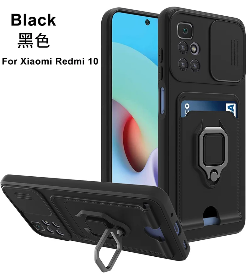 Card Package Sliding Lens Protection Case For Redmi Note 10 9 S 9A 9C 9T 8 Pro Mi 11 Lite POCO M3 X3 Magnetic Ring Bracket Cover