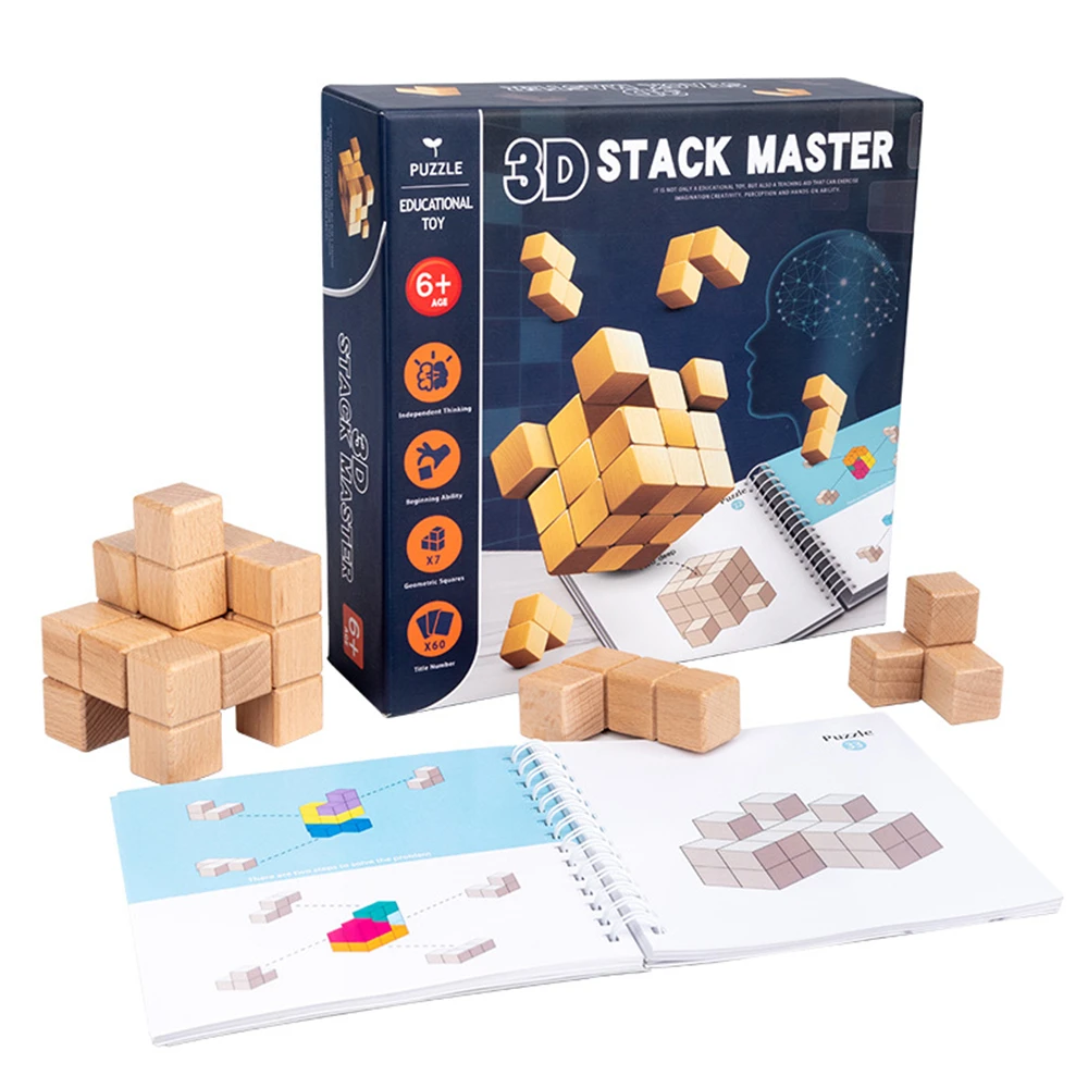 

3D Building Block Cube Wooden Logic Game 3D Spatial Thinking Stacking Games with Colorful Montessori Teris Puzzle Brinquedos