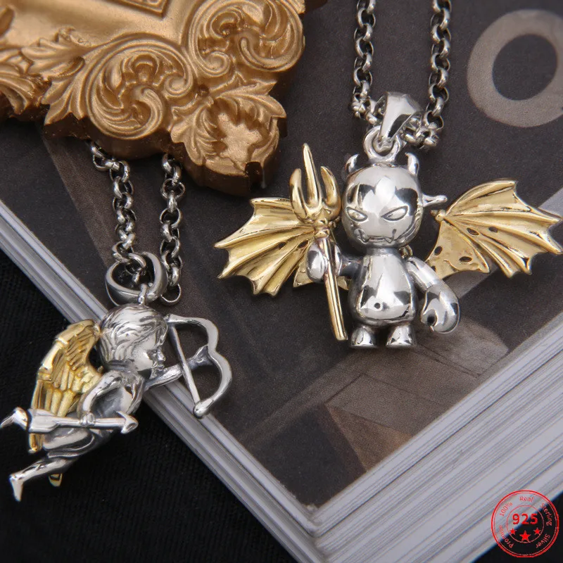 

S925 Sterling Silver Charm Pendant Angel and devil Cupid Hanging Dangler Pure Argentum Amulet Jewelry For Men Women