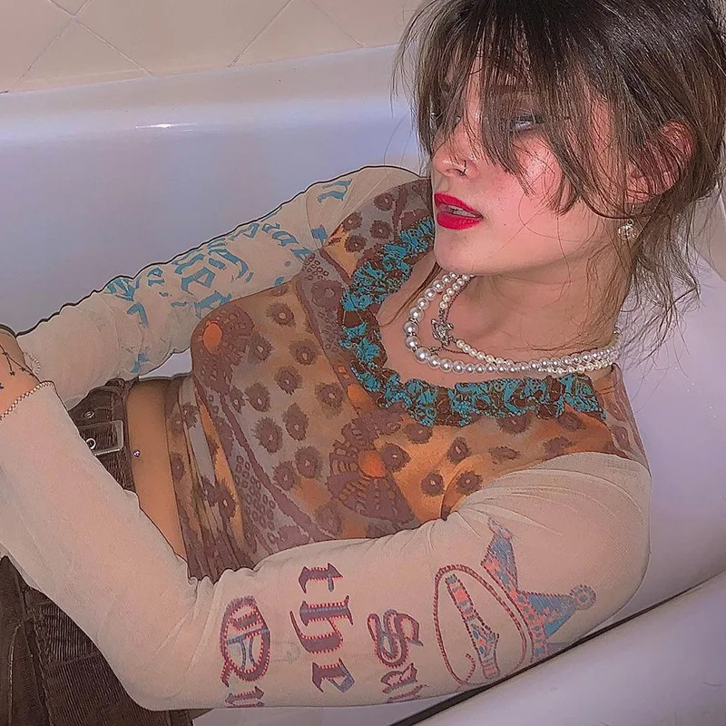 

Casual Streetwear New Women Vintage Y2k Print Mesh Crop Tops Summer Lace O-neck Long Sleeve Casual T Shirts Khaki Woman Fashion