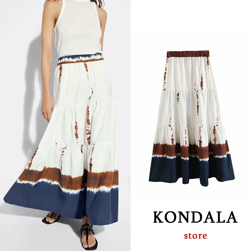 

KONDALA Women Chic Tie Dye Vintage Print Midi Skirts Za 2021 High Waist Ruffles A-Line Casual Skirts Elegant Mujer Faldas
