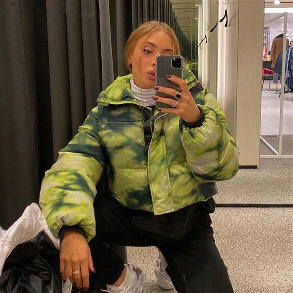 Зимнее теплое Женское пальто куртки с принтом Tie Dye укороченная куртка на молнии
