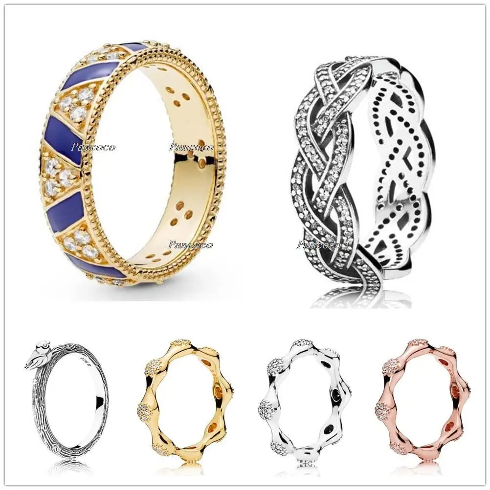 

Authentic 925 Sterling Silver Golden Shine Stones And Stripes Ring For Women Wedding Party Gift Europe Fashion Jewelry