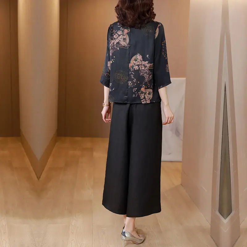 

High End Gambiered Gauze Pant Set Women's New 2021 Mother Silk Shirt Top And Wide Leg Pants Two Piece Suit