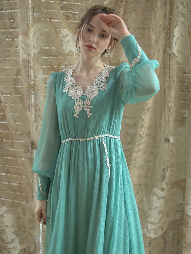 LYNETTE'S CHINOISERIE Spring Autum New Original Design Women Victoria Vintage Mori Girls Lace Patchwok Chiffon Dresses