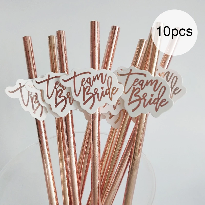 

10pcs Bride To Be Rose Gold Straw Team Bride Wedding Drinking Paper Straws Hen Party Decoration Tableware Bachelor Party Decor