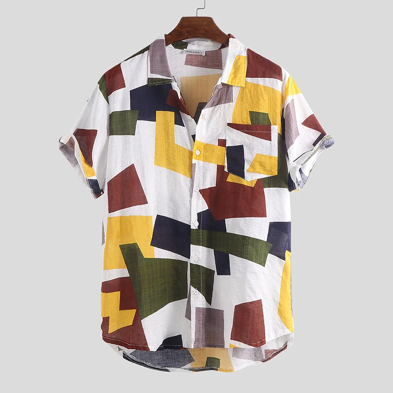 

Men Plaid Tops Summer Blouse Short Sleeve Shirt Hawaiian Beach T-shirt Fashion Casual Shirts Loose Tees Male Geometric Shirts