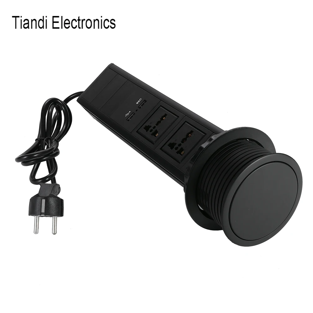 Black Hidden Tower Socket 3-digit Universal Power Pull-out Home Office Outlet Cable Wire EU Plug With USB Charge Can Custom Jack