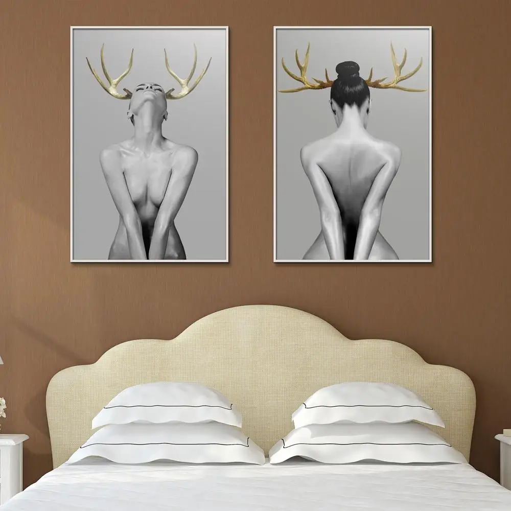 

Antlers Woman Unframed Canvas Oil Painting Poster Waterproof Spray Frameless Print Drawing Kitchen Technical Home Decor