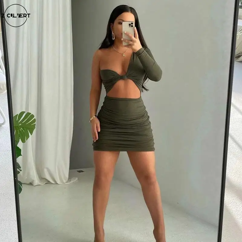 

Женское однотонное платье на одно плечо, с длинным рукавом, без бретелек