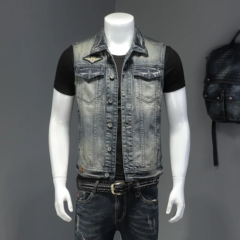 Джинсовые мужские жилеты винтажный синий жилет с вышивкой облегающие джинсы