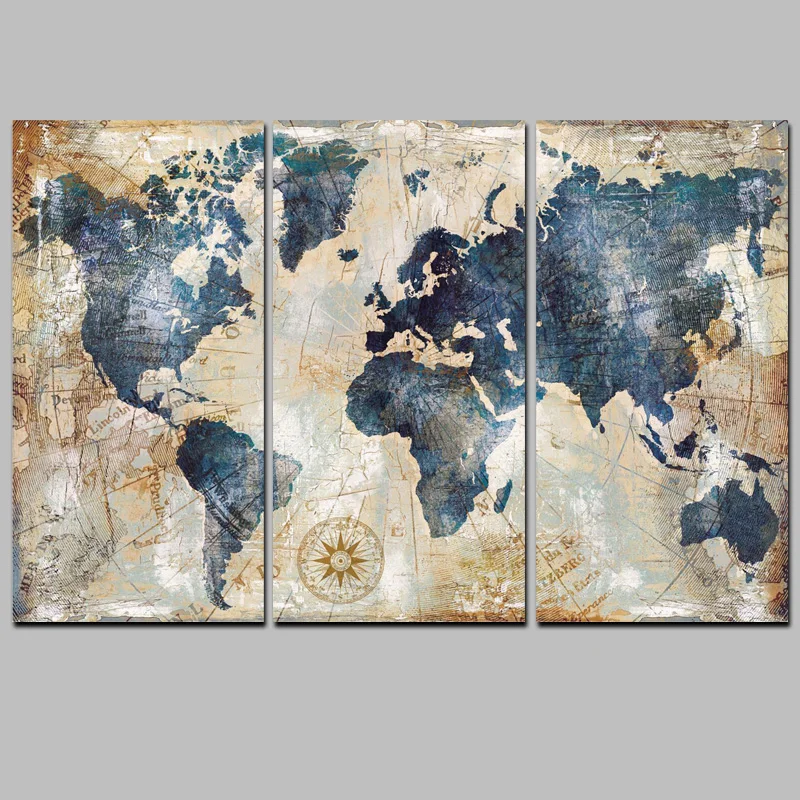 

3Panel Watercolor World Map Modular Painting Posters and Prints on Canvas Scandinavian Cuadros Wall Art Picture For Living Room
