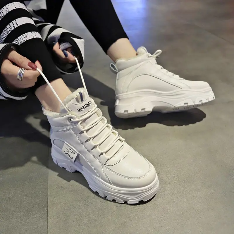 Warm Short Fur Sneakers Women 2021 Autumn Winter Fashion Shoes Woman Lace Up leather white p491 | Обувь