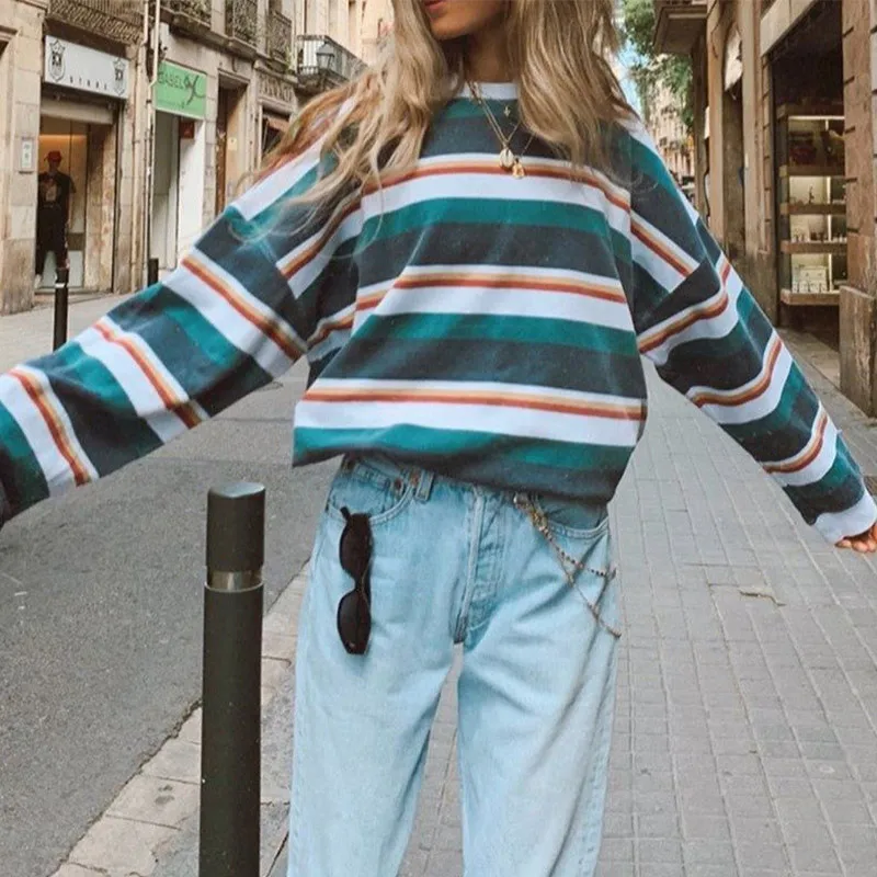 

Striped Casual Women Sweatshirts Drop-shoulder O-neck Loose Long Sleeve Pullover Woman 2021 Autumn New Fashion Top Female Hot