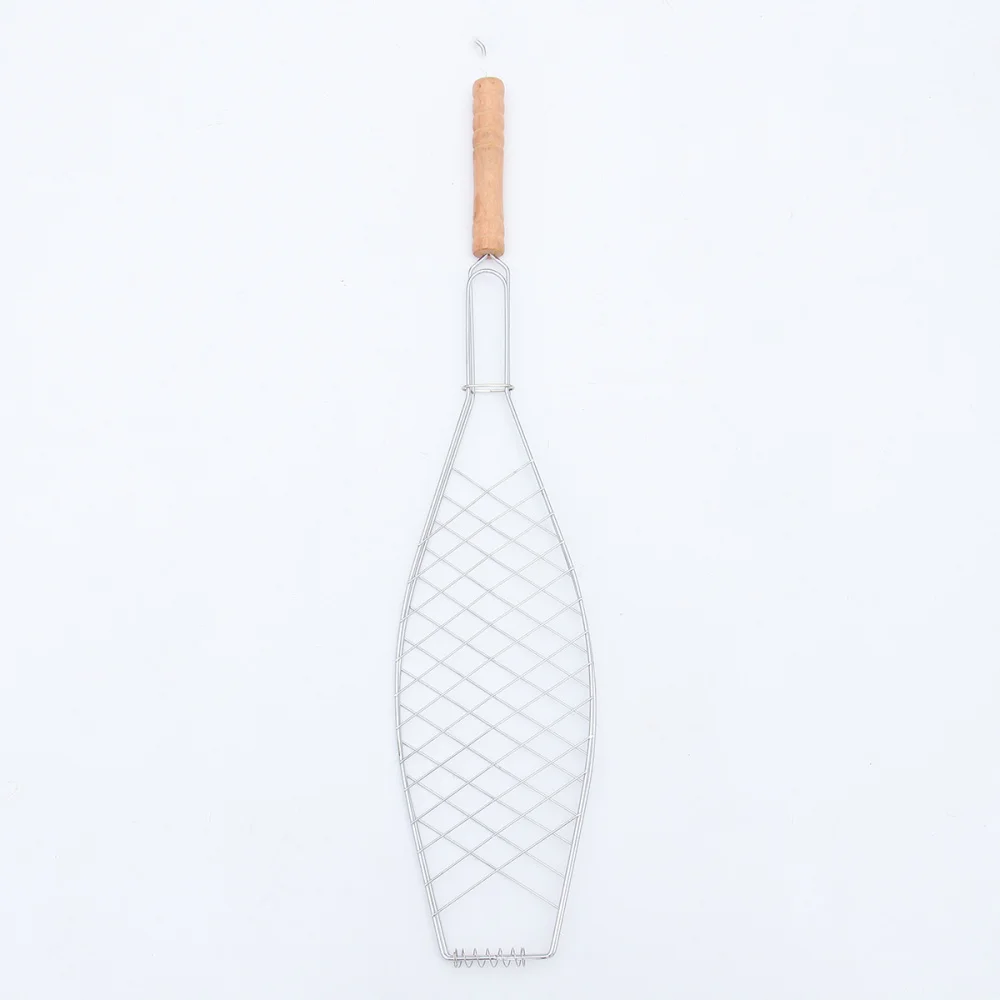 2 Pcs Metal Non-stick Mesh Clip Wooden Handle Grilled Fish Barbecue BBQ Net Outdoor Tool for Camping Picnic (Handl | Дом и сад