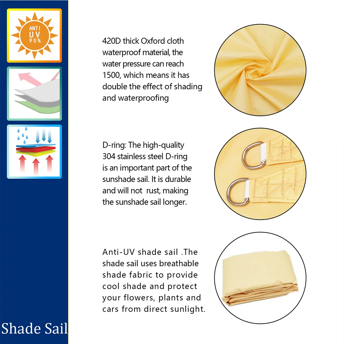 Прямоугольный треугольный солнцезащитный козырек Sail 98% устойчивый к