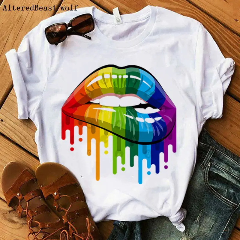 

Rainbow Lips T-shirt 2020 Summer Women Sexy Lips Tongue Print Tshirt Harajuku White Tee Tops Female Short sleeve T-shirt Clothes