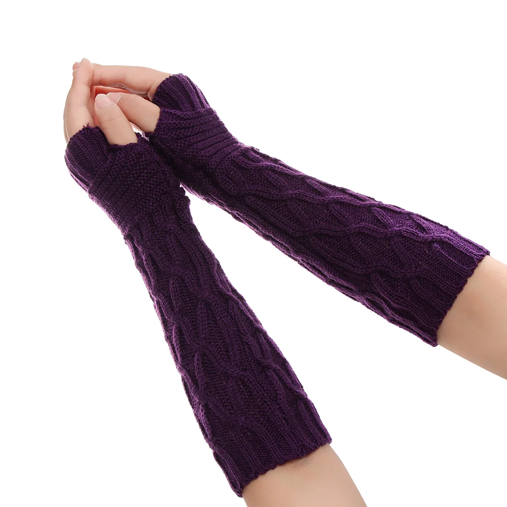 1 Pair Fashion Autumn Winter Spring Warm Women Ladies Girl Solid Gloves Arm Warmer Long Fingerless Xmas Knitting Wool Mittens - Цвет: purple