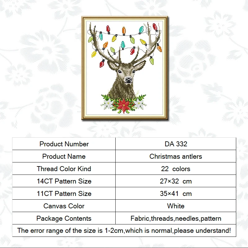 

Joy Sunday Christmas Deer Animal Style Printed Cross Stitch Kit 11CT 14CT Counted Canvas Embroidery Handmade Needlework Gift Set