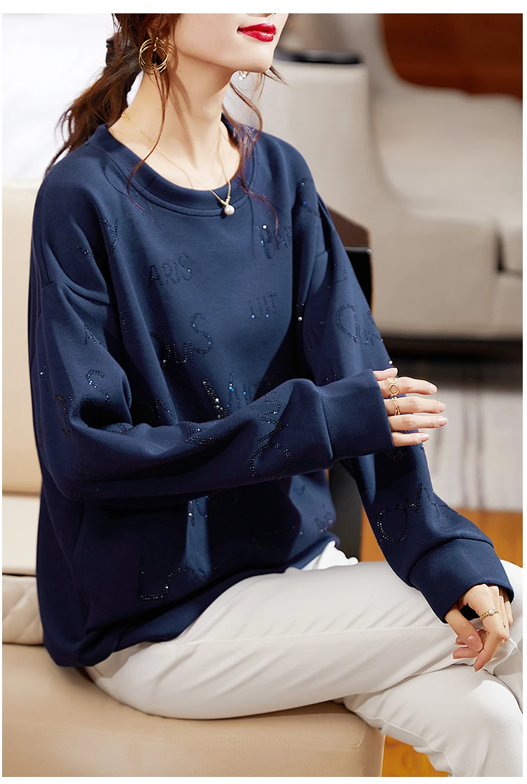 Plus Size Hoodies Letter Diamond Decoration Top O-neck Loose Harajuku Sweatshirt Spring Autumn Purple Dark Blue Female Pullover