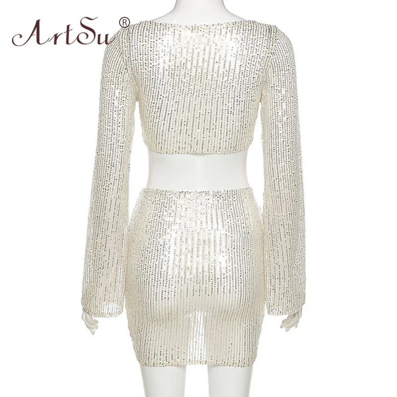 

ArtSu Mesh Sequin Shiny Crop Top And Mini Skirt Matching Sets Drawstring Lace Up Party 2 Piece Outfits Women Clubwear Hot