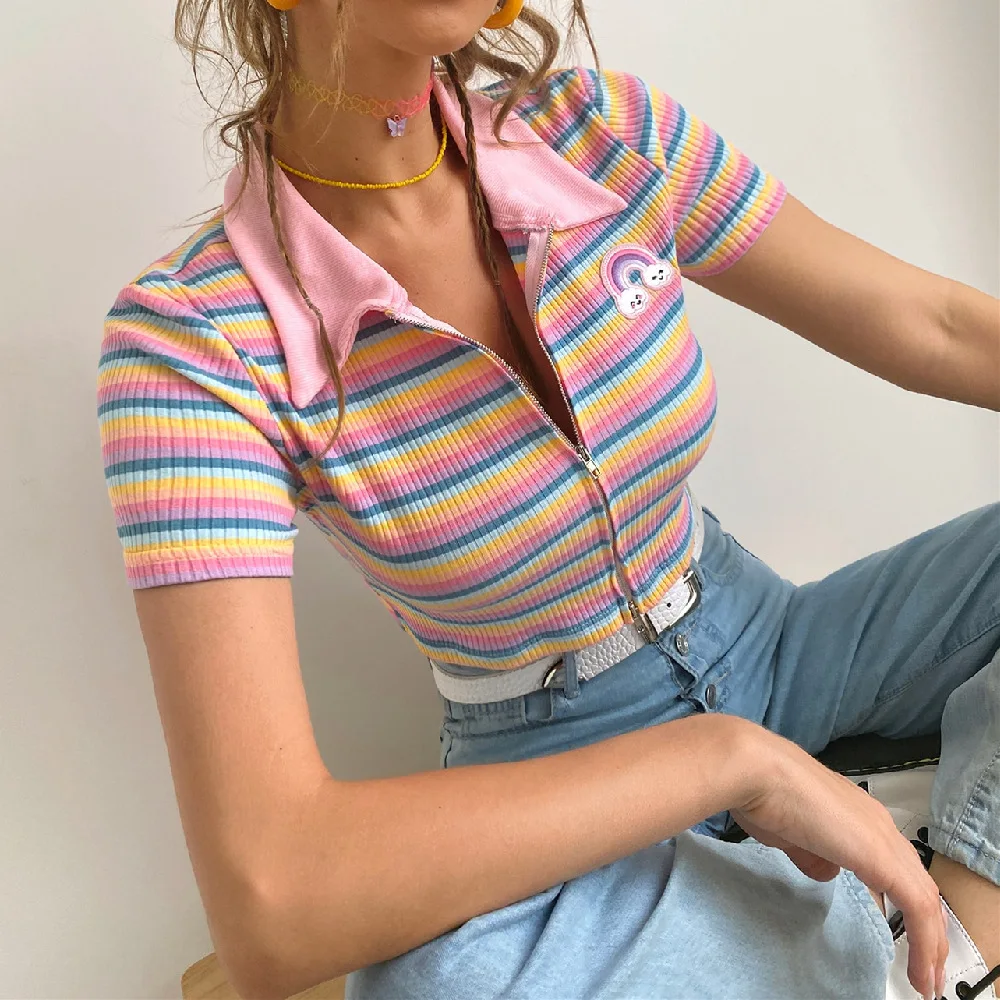 

y2k Rainbow Pink Strips Cute Summer Butterfly Print Slim Crop Top Pink Contrast Striped Short Sleeve Women T-Shirt Streetwear