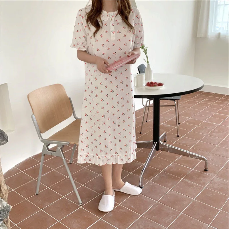2021 Summer New Lovely Pure Cotton Loose Idyllic Little Flower Nightdress Women's Sweet Lotus Leaf Home Clothes Nightgown