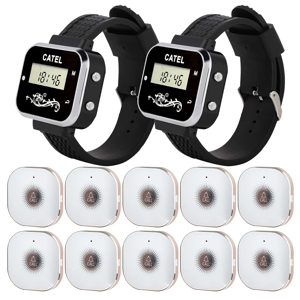 CATEL Rechargeable 2 Watch 10 Wireless Calling System Call Button Touch Transmitter Pager Restaurant Waiter Service Bell, Buzzer