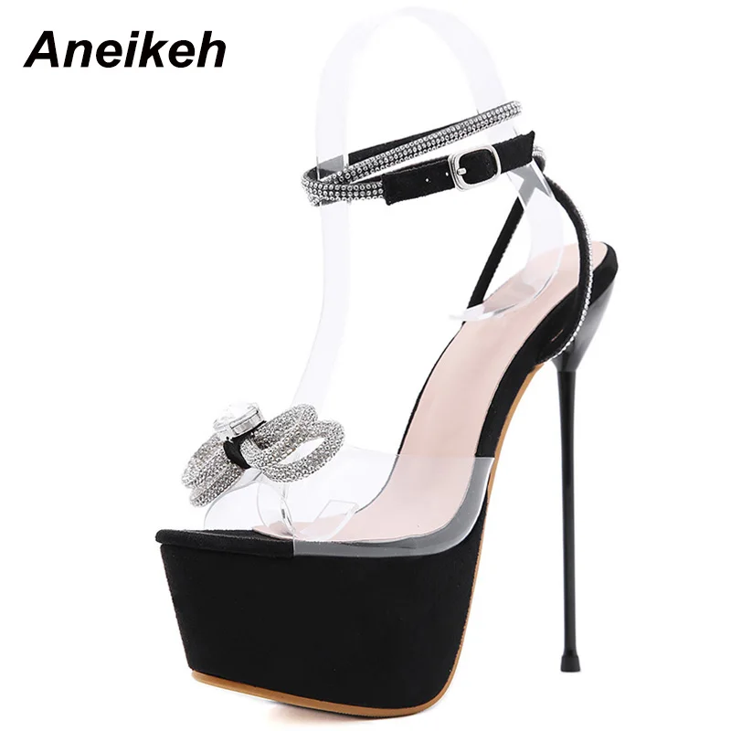 

Aneikeh Shoes For Women 2023 Sweet Butterfly-Knot Bordered Bling Crystal Patchwork High Heels Sandals PVC NEW Summer 34-40 Black