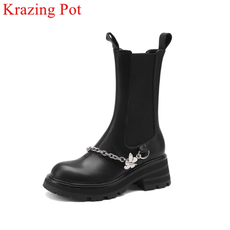 

Krazing Pot split leather slip on Chelsea boots round toe chain elegant warm winter shoes platform motorcycles mid-calf boots