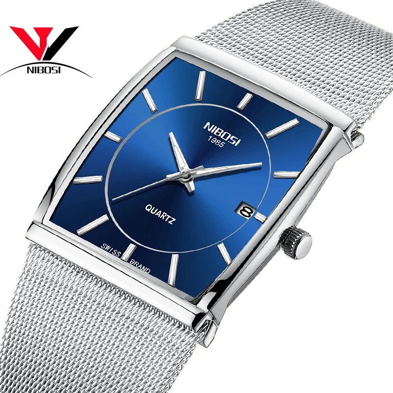 

NIBOSI Top Brand Luxury Fashion Men's Square Quartz Watch Men's Waterproof Date Clock Black Mesh Stainless Steel Watch Men 2020