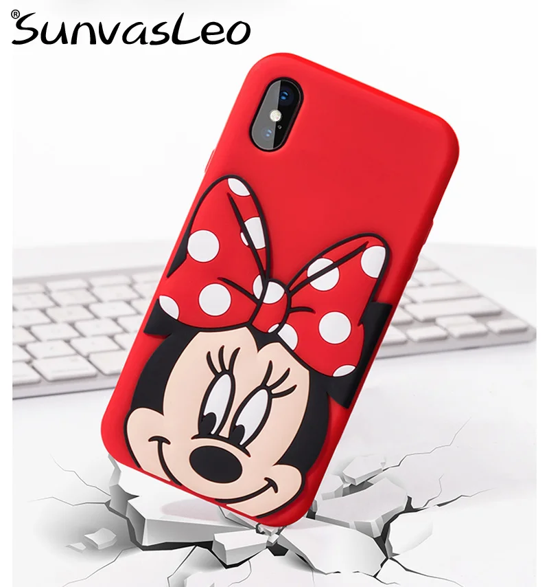 Для iPhone 5 6 7 8 X XR XS Max/Plus 3D мультфильм животных Мягкий силиконовый чехол для задней панели сотового телефона оболочка противоударный - Цвет: Red Big Bow Minnie