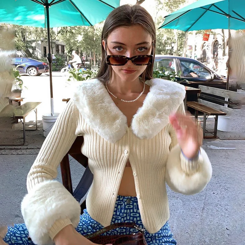 

Autumn Thin Furry Knitted Cardigan Sweater Women Vintage Elegant Chic Jumper Ladies Fashion Patchwork Knitwear 2021 Winter New