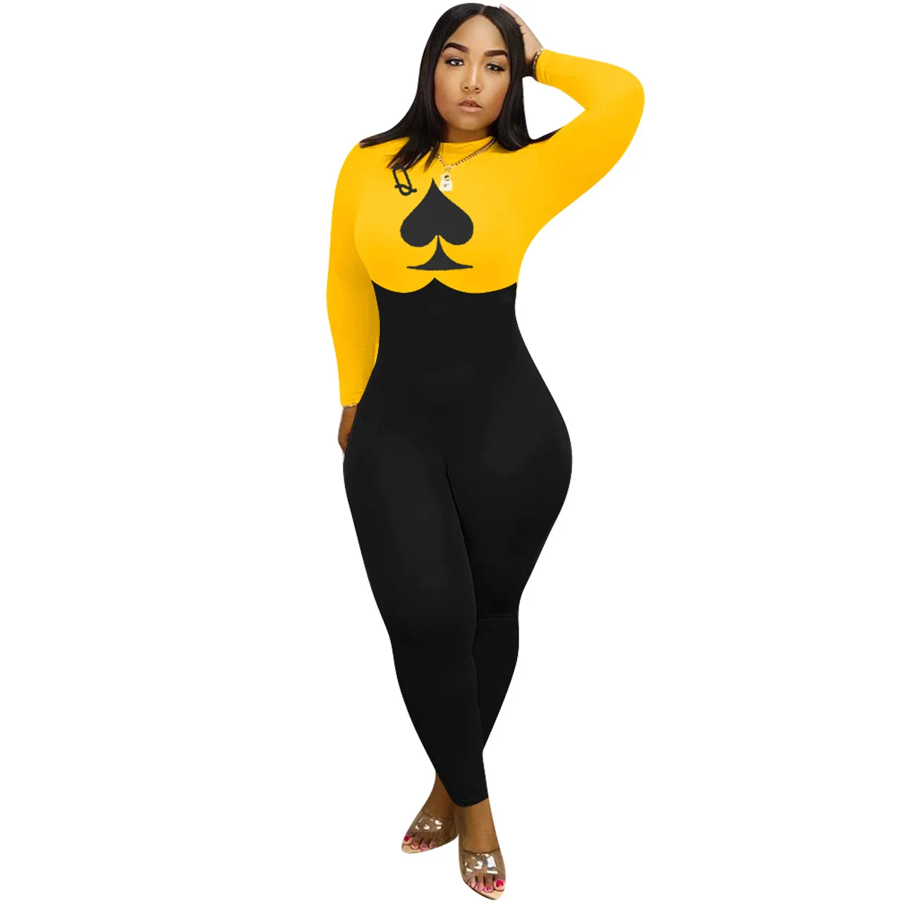 

Solid Color Poker Spades Q Print Zipper Summer Women Jumpsuit European and American Sexy Style Model Rompers