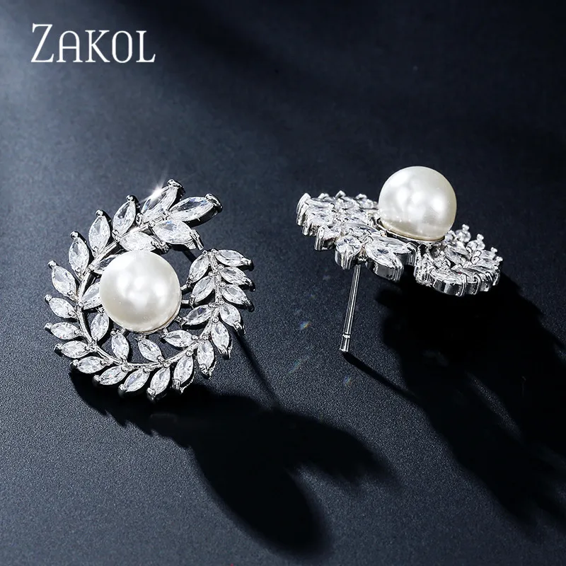 ZAKOL роскошные свадебные серьги-гвоздики с искусственным жемчугом с кубическим цирконием для женщин модные свадебные украшения в виде листьев FSEP2358