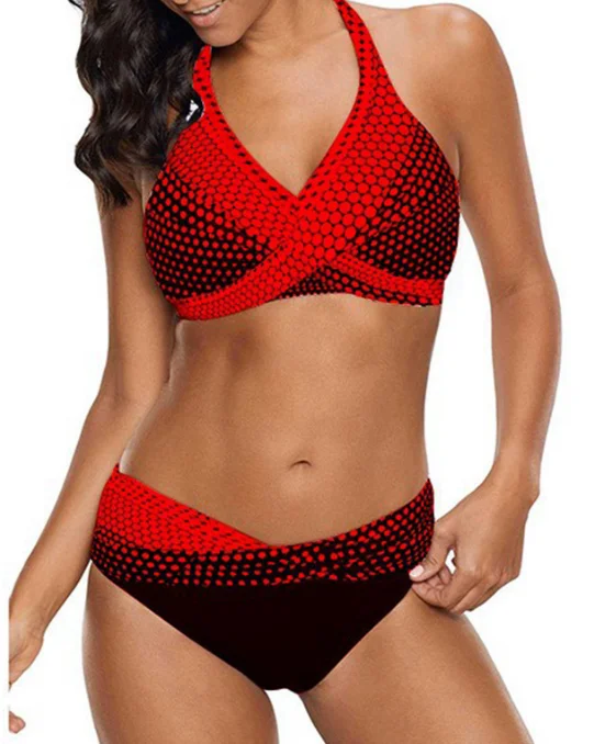 Женский комплект бикини сексуальный в горошек с принтом лямкой на шее из двух