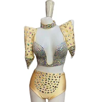 shining diamonds backless bikini headwear choker women bra shorts pole dancing outfits nightclub singer performance stage wear